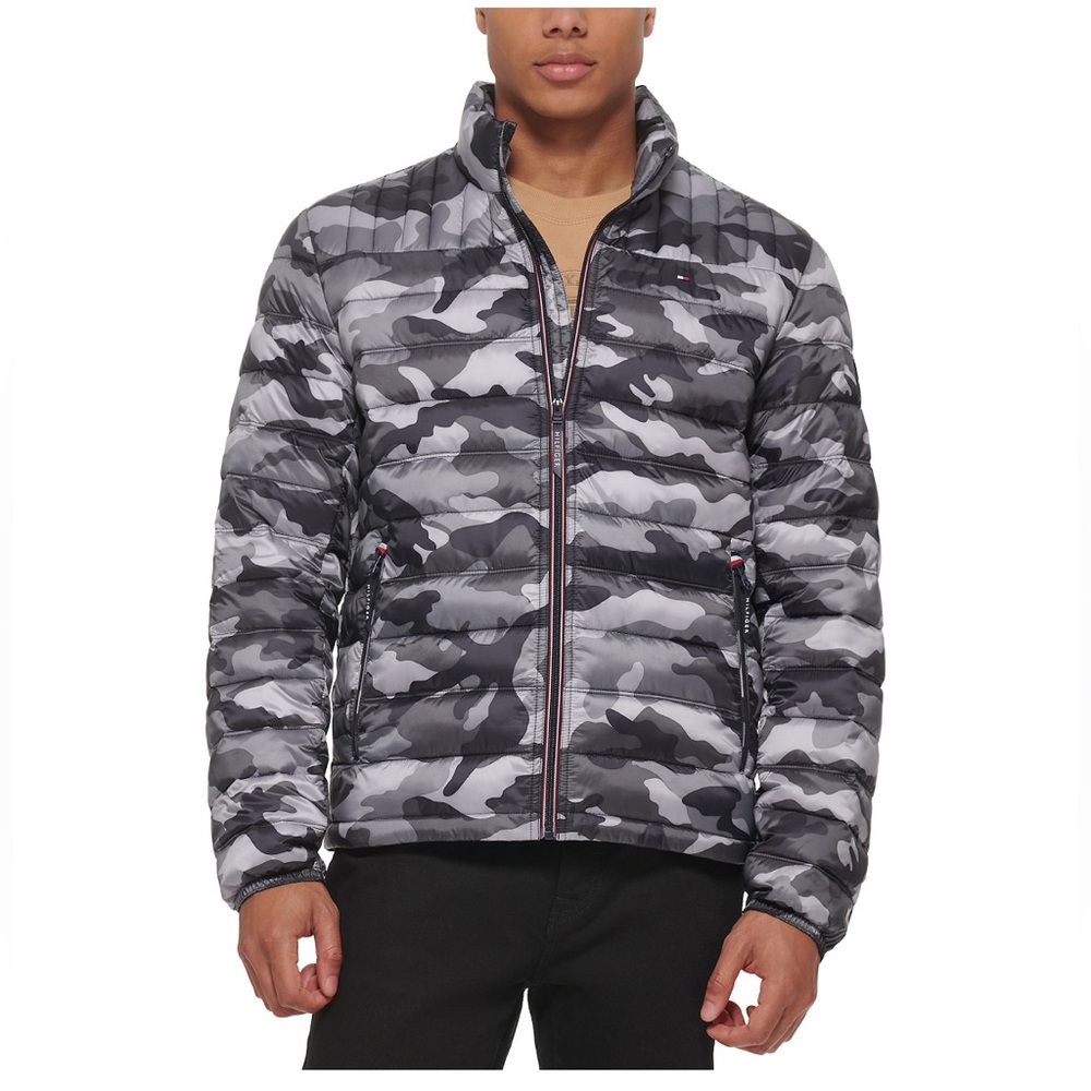 Tommy Hilfiger Men's Lightweight Packable Puffer Jacket Grey Camouflage 2XLT - Picture 4 of 12